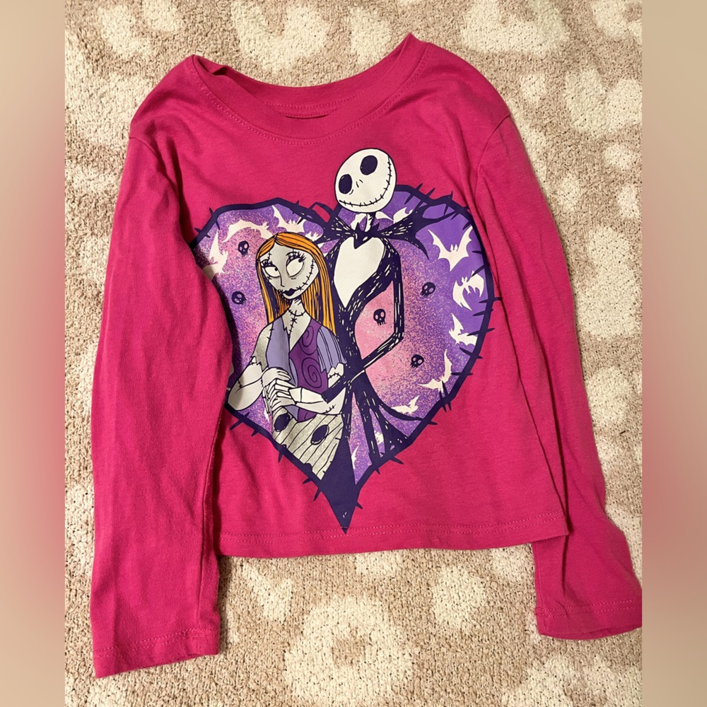 Girls Pink Graphic Long Sleeve Shirt, Size XS, Nightmare Before Christmas, EUC